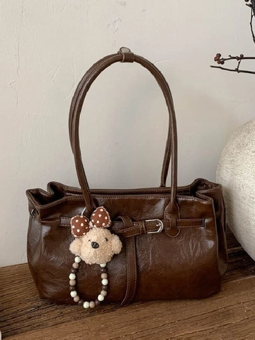 Borsa a Tracolla in Pelle PU Vintage da Donna Grande Capacità Borsa Sottoascella Tote Con Ciondolo a Orsetto Borsa Retrò da Pendolare