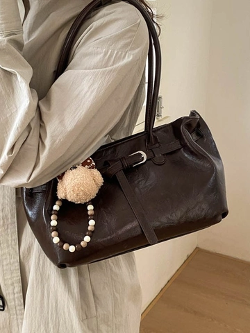 Borsa a Tracolla in Pelle PU Vintage da Donna Grande Capacità Borsa Sottoascella Tote Con Ciondolo a Orsetto Borsa Retrò da Pendolare