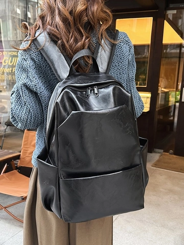 Vintage PU Leather Large Capacity Backpack For Men Women Minimalist Solid Color Laptop Bag Urban School Casual Travel Daypack