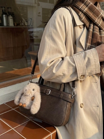 Vintage PU Leather Shoulder Bag For Women Large Capacity Square Crossbody Bag With Plush Rabbit Charm Fashion Satchel