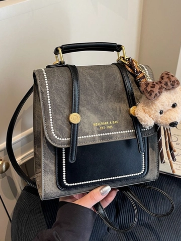 Vintage Dames PU Canvas Splicing Mini Rugzak Multifunctionele Schoudertas Met Pluche Hondenbedeltje Kraal Decoratie Schooltas