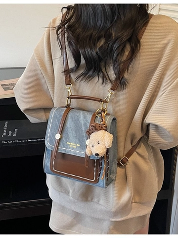 Vintage Dames PU Canvas Splicing Mini Rugzak Multifunctionele Schoudertas Met Pluche Hondenbedeltje Kraal Decoratie Schooltas