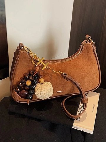 Women Retro Minimalist PU Leather Suede Hobo Shoulder Bag Half Moon Dumpling Bag with Vintage Beads Shell Letter Charms