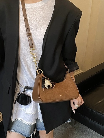 Women Retro Minimalist PU Leather Suede Hobo Shoulder Bag Half Moon Dumpling Bag with Vintage Beads Shell Letter Charms