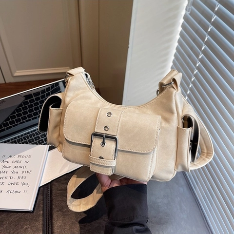 Damen Retro Cargo Stil Umhängetasche Mehrfachtaschen Kunstleder Messenger Bag Mode Pendeln Schultertasche Mit Gürtelschnalle