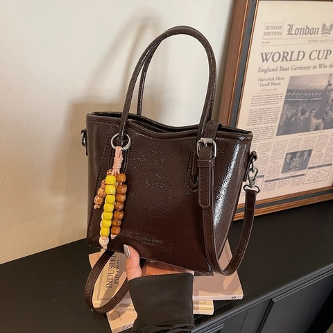 Sac Seau en Cuir PU Vintage pour Femmes Sac Bandoulière Main Avec Charme en Perles Bandoulière Réglable Sac Fourre-Tout