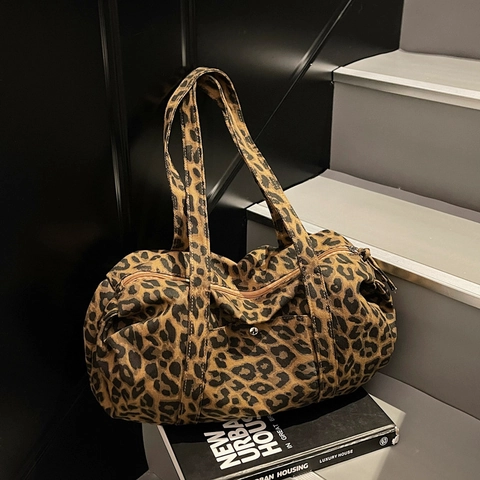 Bolso de Hombro de Lona con Estampado de Leopardo Casual para Mujer Bolsa Tote Retro de Gran Capacidad Bolso Chic Vintage con Cremallera