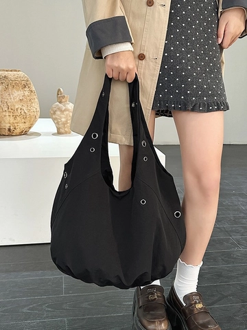Women Large Capacity Nylon Shoulder Bag With Metal Eyelets Water Repellent Slouchy Hobo Tote Bag For Travel Casual Daily Commute