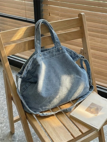 Vintage Washed Denim Tote Bag For Women Large Capacity Shoulder Crossbody Bag Retro Jeans Fabric Commuting Top Handle Bag