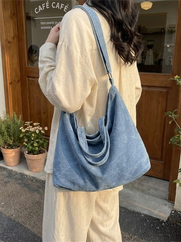 Vintage Washed Denim Tote Bag For Women Large Capacity Shoulder Crossbody Bag Retro Jeans Fabric Commuting Top Handle Bag