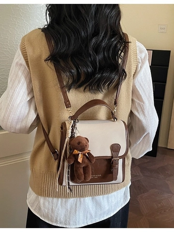 Women's Retro PU Leather Small Backpack Patchwork Handbag Crossbody Bag With Plush Bear Pendant Vintage Academy Style School Travel Daypack