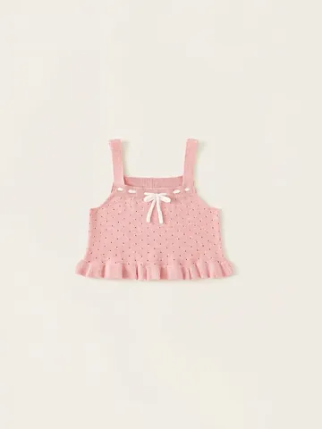 Girls Sweet Pink Knitted Camisole Vest With Bowknot And Ruffles Pointelle Knit Sleeveless Top For Kids
