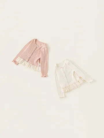 Maglietta a Maniche Lunghe in Maglia a Costine Dolce per Ragazze Bottone a Cuore Orlo a Volant Fiocco in Pizzo Top Bambina Primavera Autunno Tinta Unita