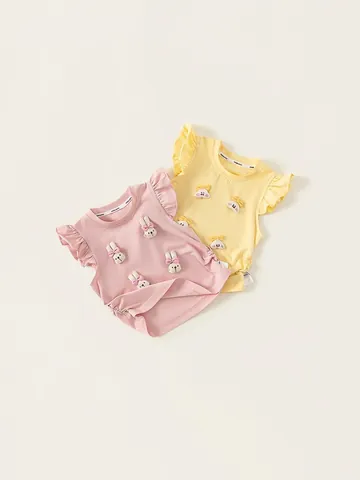Maglietta da Bambina Estiva in Cotone Senza Maniche Con Toppa a Coniglio 3D Maniche a Volant Gilet Casual