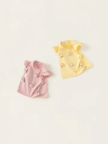 Maglietta da Bambina Estiva in Cotone Senza Maniche Con Toppa a Coniglio 3D Maniche a Volant Gilet Casual
