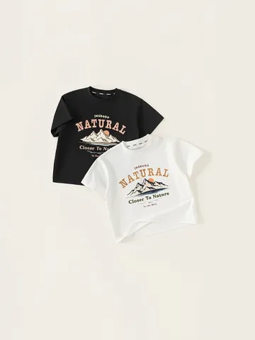 Boys Casual Cotton Blend Short Sleeve T-Shirt Retro Nature Mountain Letter Print Round Neck Summer Tee Top For Kids