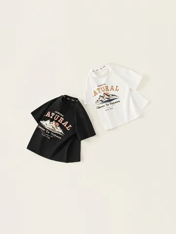 Boys Casual Cotton Blend Short Sleeve T-Shirt Retro Nature Mountain Letter Print Round Neck Summer Tee Top For Kids
