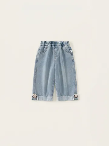 Jeans in Denim per Bambina Pantaloni a Gamba Dritta con Patch a Forma di Coniglio Cartone Animato Vita Elastica Casual Blu Chiaro