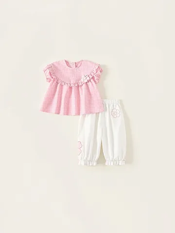Girls Summer 2-Piece Plaid Set Short Sleeve Ruffle Top and White Casual Pants Sweet Cotton Blend Floral Outfit for Kids