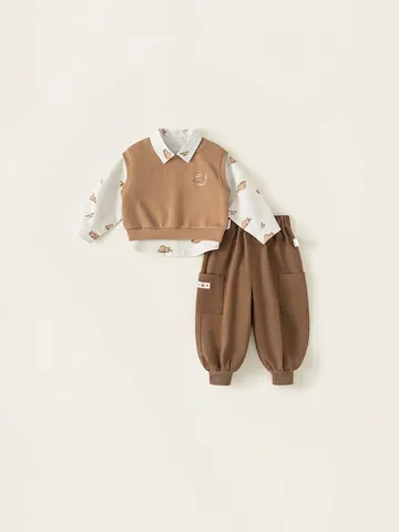 Completo Casual da Bambino 3 Pezzi in Cotone Camicia Stampa Orso Gilet Ricamato Pantaloni Cargo Outfit