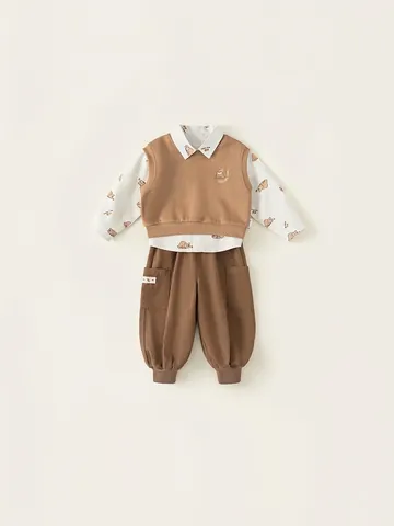 Completo Casual da Bambino 3 Pezzi in Cotone Camicia Stampa Orso Gilet Ricamato Pantaloni Cargo Outfit