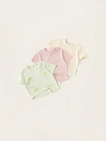 Girls Summer Viscose Short Sleeve T-Shirt With 3D Bowknots Sweet Crew Neck Casual Breathable Top For Kids Children