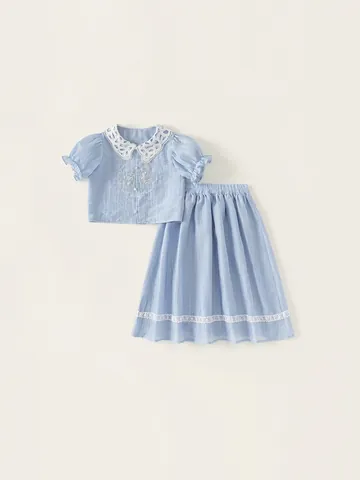 Set di Abbigliamento Estivo in Lyocell da Ragazza Camicia con Colletto Peter Pan in Pizzo Ricamato e Gonna Due Pezzi
