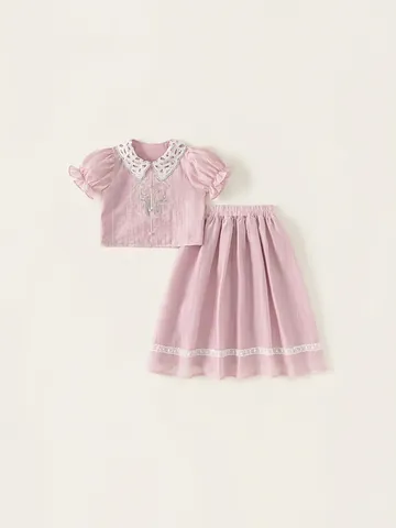 Set di Abbigliamento Estivo in Lyocell da Ragazza Camicia con Colletto Peter Pan in Pizzo Ricamato e Gonna Due Pezzi