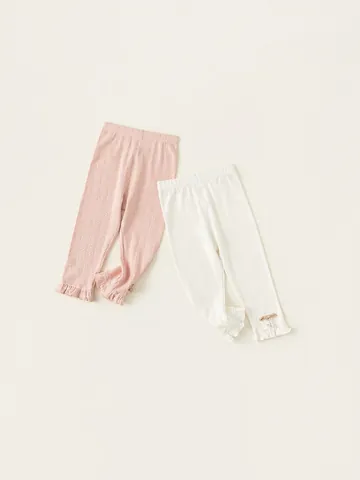 Girls Sweet Cotton Knit Leggings Ruffled Hem Bowknot Artificial Pearl Decor Kids Toddler Solid Color Spring Autumn Pants