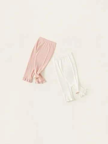 Girls Sweet Cotton Knit Leggings Ruffled Hem Bowknot Artificial Pearl Decor Kids Toddler Solid Color Spring Autumn Pants