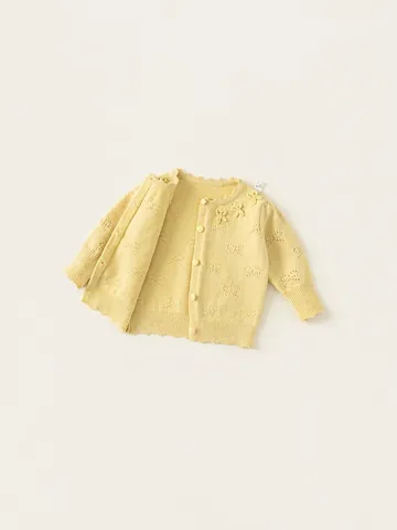 Süße Mädchen Strickjacke Pullover Rüschen Rundhalsausschnitt Langarm Einreihig Hohl Schleife Acrylmischung Mantel Frühling Herbst