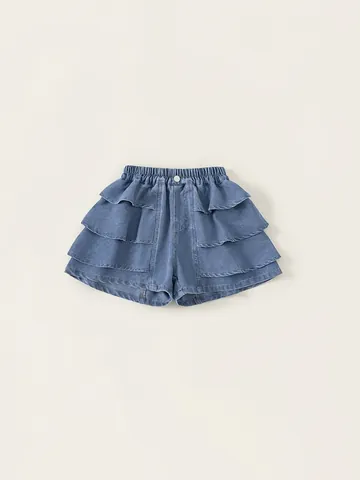 Gonna-Pantalone in Denim di Cotone per Ragazze Casual Blu Denim a Tre Strati con Volant Pantaloncini per Bambini