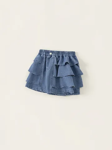 Gonna-Pantalone in Denim di Cotone per Ragazze Casual Blu Denim a Tre Strati con Volant Pantaloncini per Bambini