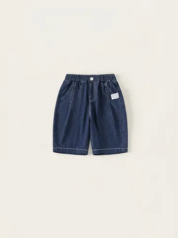 Kids Unisex Denim Shorts 100% Cotton Elastic Waist Summer Casual Solid Color Short Pants With Contrast Stitching Boys Girls Daily Wear