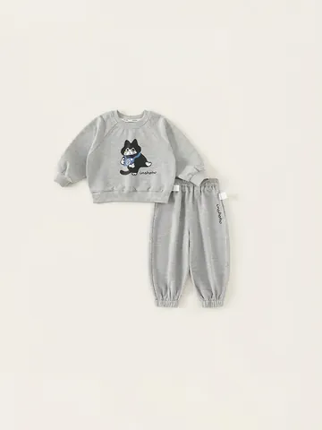 Ensemble Sweat-shirt Deux Pièces Décontracté Garçon Gris Imprimé Chat Dessin Animé Pull et Pantalon de Jogging Printemps Automne Vêtements Enfant
