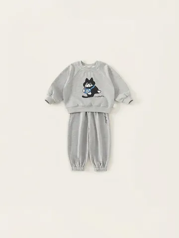 Ensemble Sweat-shirt Deux Pièces Décontracté Garçon Gris Imprimé Chat Dessin Animé Pull et Pantalon de Jogging Printemps Automne Vêtements Enfant