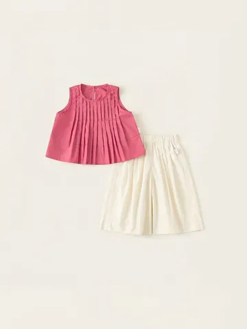 Mädchen Sommer Minimalistisch Einfarbig Plissee Ärmellos Top Und Weites Bein Hose Set Baumwolle Komfortabel Lässig Outfit