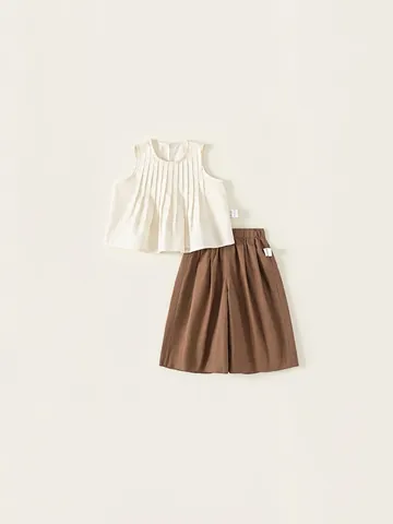 Mädchen Sommer Minimalistisch Einfarbig Plissee Ärmellos Top Und Weites Bein Hose Set Baumwolle Komfortabel Lässig Outfit
