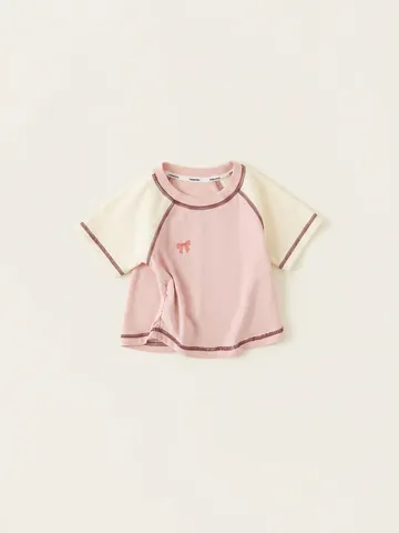 Γυναικείο Casual Βαμβακερό T-Shirt με Χρωματική Αντίθεση Μανίκια Ραγκλάν Χαριτωμένο Τύπωμα Φιόγκου Ροζ Λευκό Κοντομάνικο Τοπ