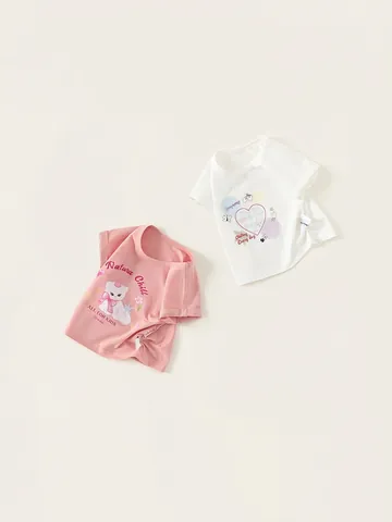 Maglietta da Bambina in Cotone Estiva con Stampa Gatto Cartoon e Cuore a Maniche Corte Girocollo Rosa Bianco Casual Traspirante