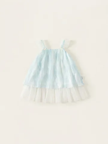 Vestido de Tirantes de Malla de Verano para Niñas Degradado Azul Princesa Lazo Tutu Línea A Sin Mangas para Niños