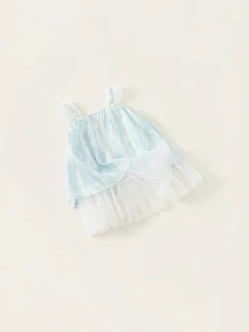 Vestido de Tirantes de Malla de Verano para Niñas Degradado Azul Princesa Lazo Tutu Línea A Sin Mangas para Niños