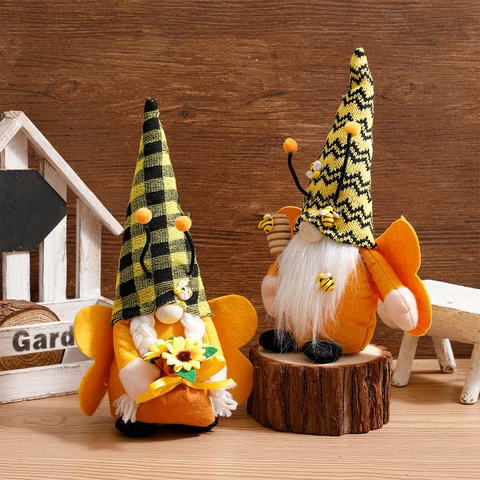 Handmade Bee Gnome Plush Doll With Sunflower And Wings Pastoral Style Home Decoration Honey Bee Rudolph Faceless Doll For Window Display