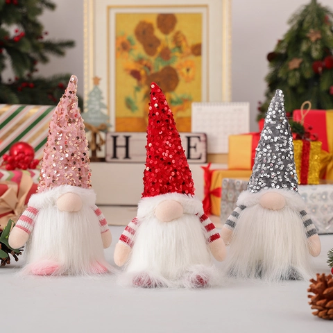 Handmade Christmas Gnome Plush Doll With Sequin Hat Long White Beard Striped Sleeves Rudolf Elf Desktop Ornament Window Decor