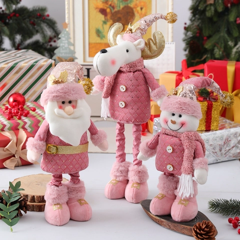 Bambola Telescopica di Natale Rosa Statuetta in Peluche con Paillettes Babbo Natale Pupazzo di Neve Renna Decorazione Natalizia