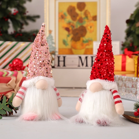 Handmade Christmas Gnome Plush Doll With Sequin Hat Long White Beard Striped Sleeves Rudolf Elf Desktop Ornament Window Decor