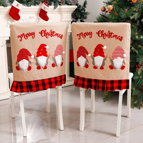 Weihnachten Stuhlbezüge Leinen Wichtel Druck Rot Schwarz Plaid Rüschen Nordisch Esszimmer Xmas Party Dekorative Stuhlhussen