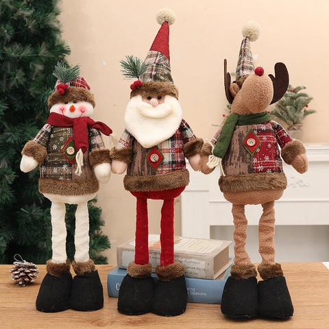 Muñeca Telescópica de Tela con Copos de Nieve de Cuadros Navideños Retro Papá Noel Muñeco de Nieve Reno Adorno Escritorio