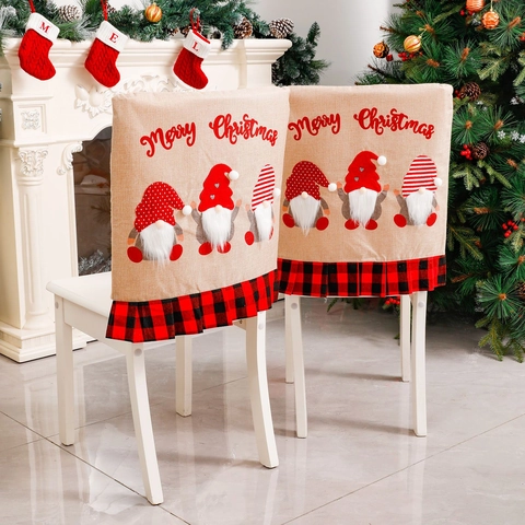 Weihnachten Stuhlbezüge Leinen Wichtel Druck Rot Schwarz Plaid Rüschen Nordisch Esszimmer Xmas Party Dekorative Stuhlhussen