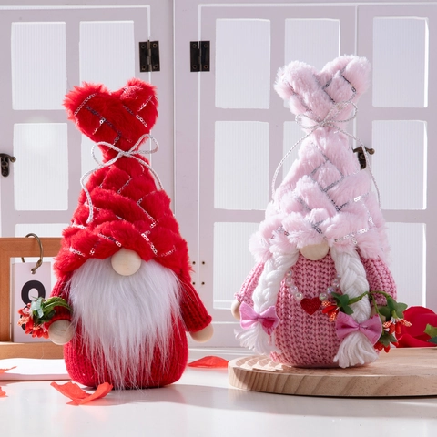 Grote Valentijnsdag Gnoom Knuffels Paar Decoratie Rood Roze Gebreide Stof Hartvormige Hoed Gezichtsloze Pop Tafel Ornament Cadeau